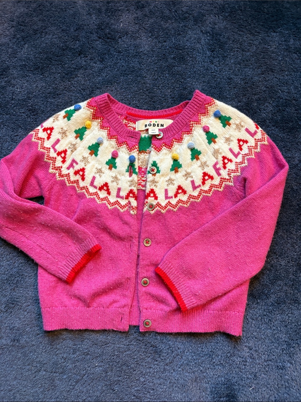 Boden Bright Pink Fair Isle Pom-Pom Wool Cardigan
